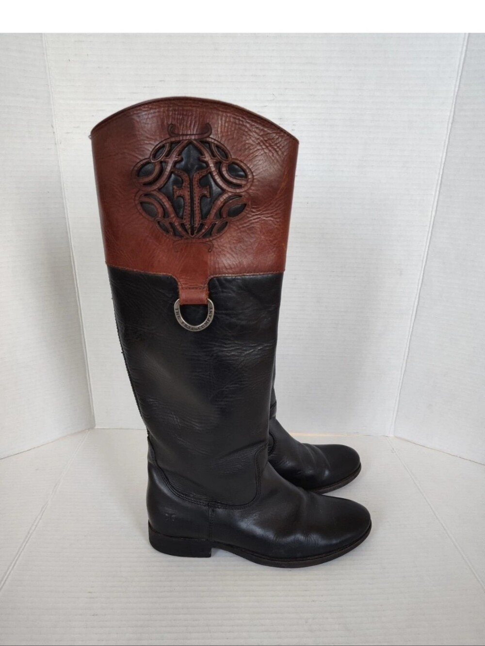 FRYE Melissa Black & Brown Leather Knee High Riding Boots Sz. 7 B Frye Logo